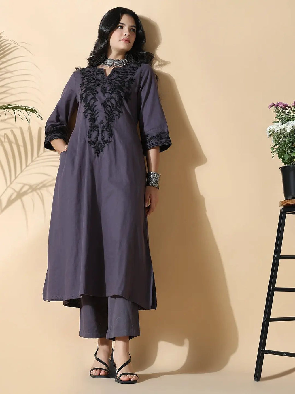 Women's Cotton Solid A-Line Thread Work Purple Kurta Set