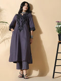 Women's Cotton Solid A-Line Thread Work Purple Kurta Set