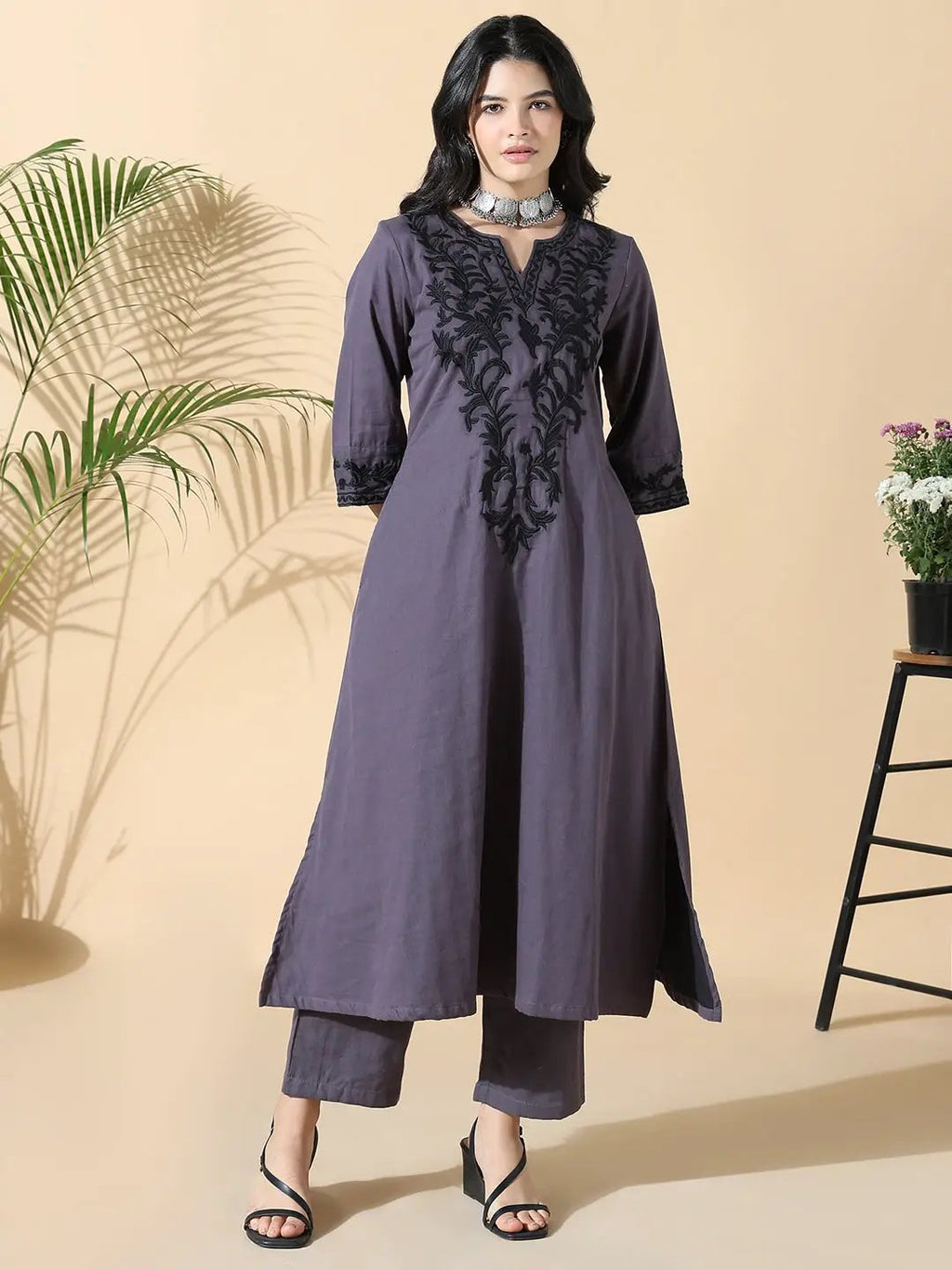 Women's Cotton Solid A-Line Thread Work Purple Kurta Set