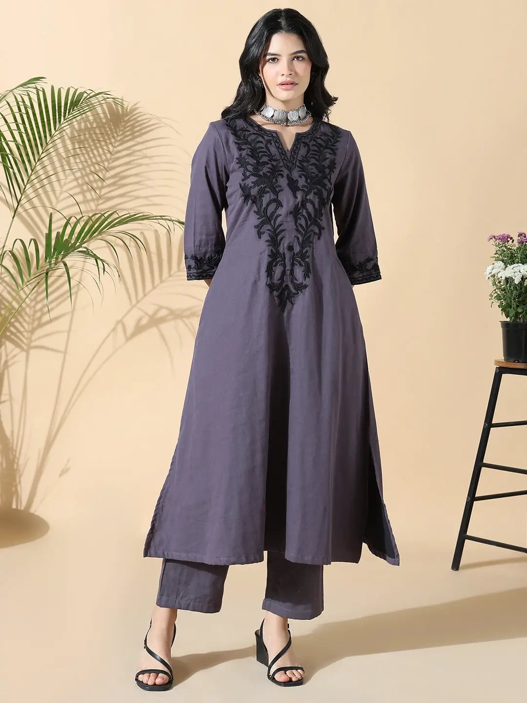 Women's Cotton Solid A-Line Thread Work Purple Kurta Set