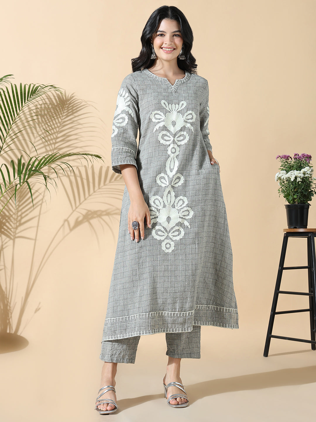 Women's Checked A-Line Embroidered Grey Kurta Set