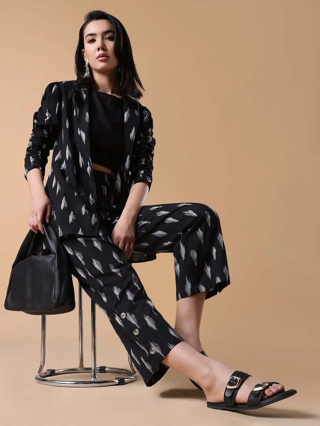 Women's Black Printed Co-ords Set with Blazer