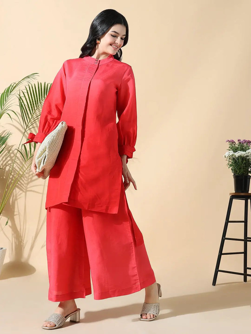 Women's Cotton Solid Straight Red Kurta Set