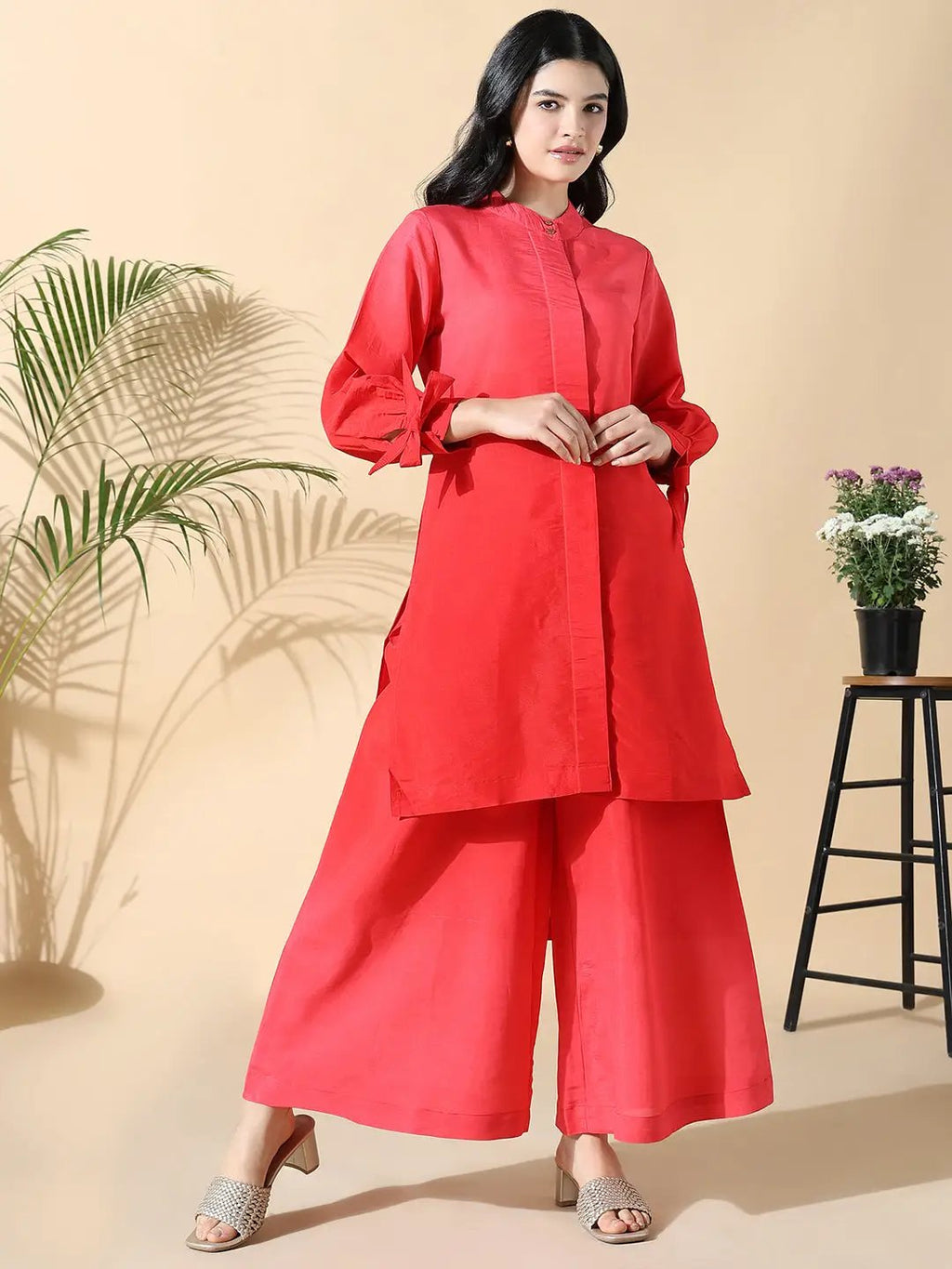 Women's Cotton Solid Straight Red Kurta Set