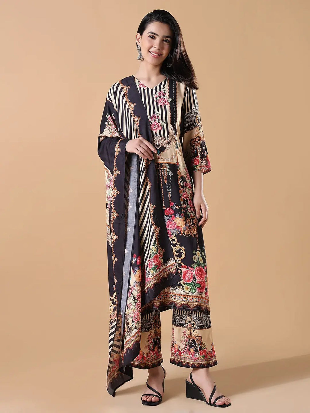 Women's Floral Straight Multicolored Kurta Set with Dupatta