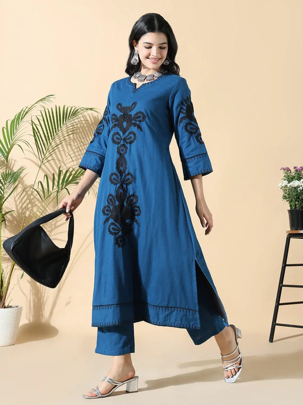 Women's Cotton Embroidered Floral A-Line Blue Kurta Set