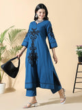 Women's Cotton Embroidered Floral A-Line Blue Kurta Set