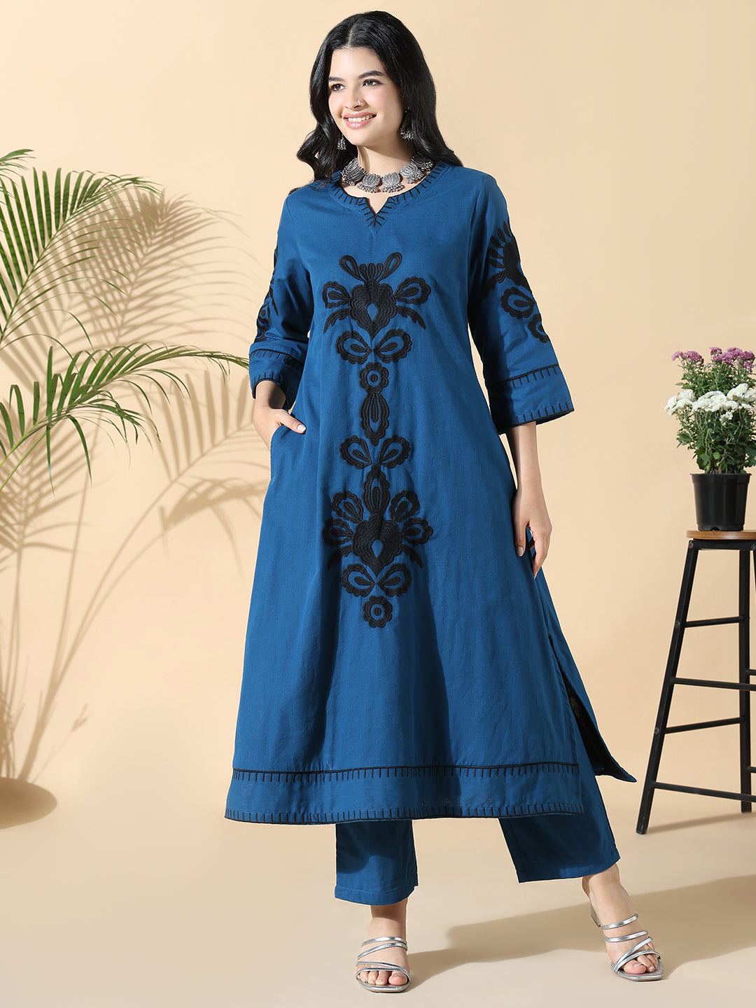 Women's Cotton Embroidered Floral A-Line Blue Kurta Set