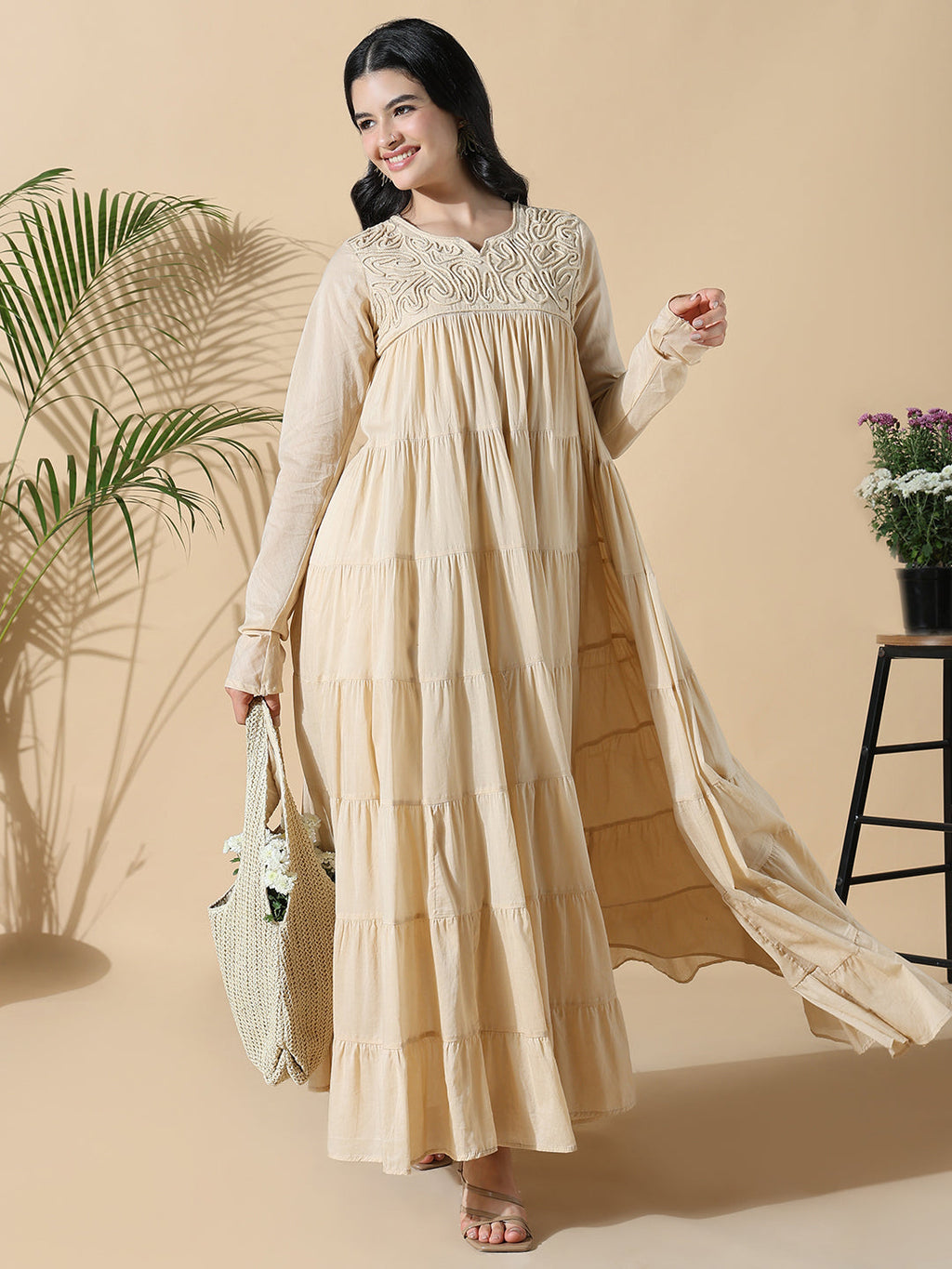Women's Beige Solid Cotton Anarkali Kurta with Inner