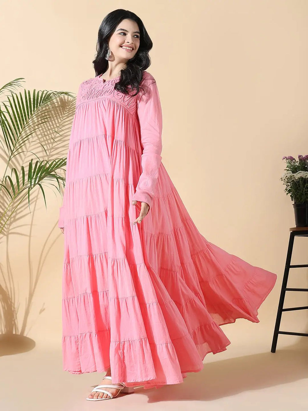 Women's Pink Solid Cotton Anarkali Kurta with Inner