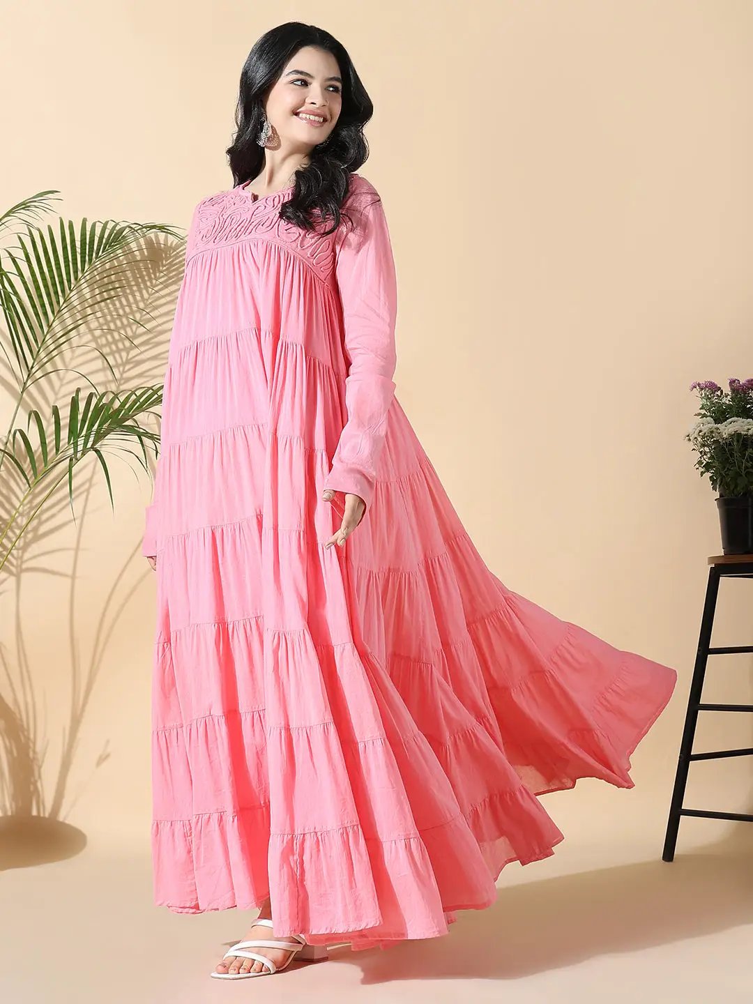 Women's Pink Solid Cotton Anarkali Kurta with Inner
