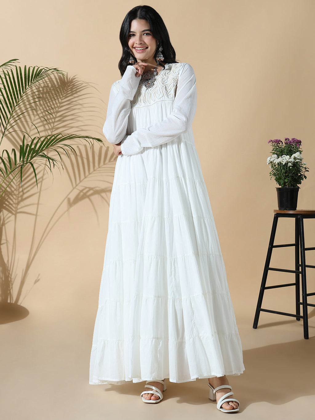 Women's White Solid Cotton Anarkali Kurta with Inner