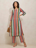 Women's Vertical Stripes Multi Colour Straight Kurta with Pants