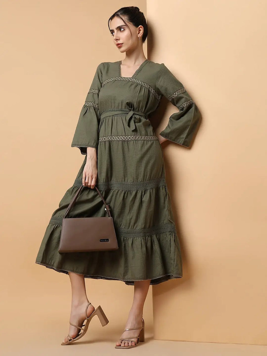 Women's Square Neck Solid Olive Anarkali Kurta