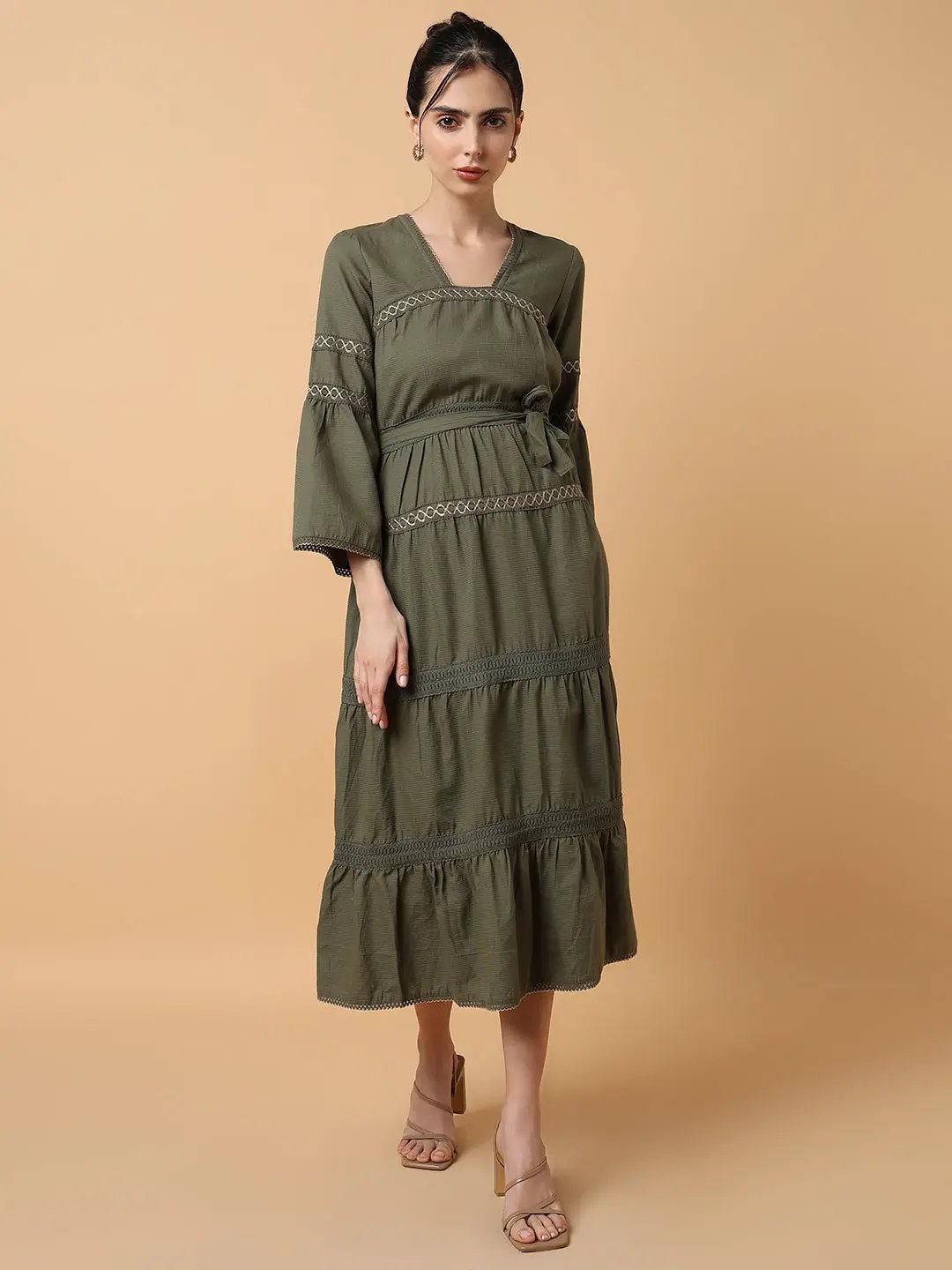 Women's Square Neck Solid Olive Anarkali Kurta