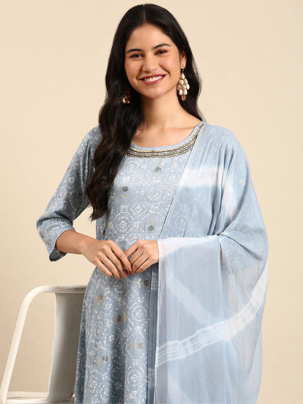 Women's Floral Blue A-Line Kurta Set with Dupatta