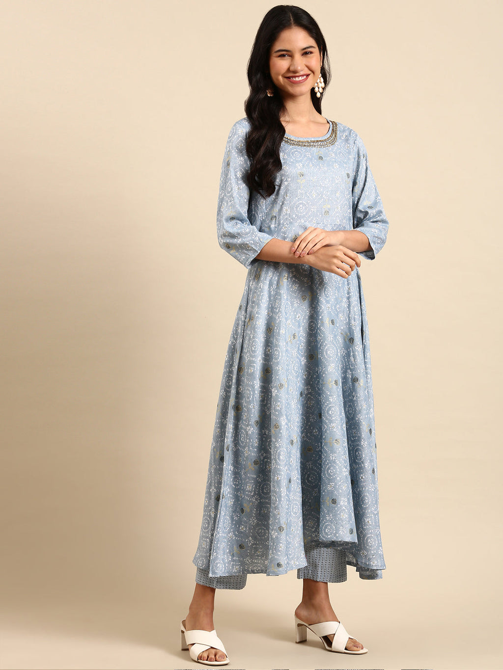 Women's Floral Blue A-Line Kurta Set with Dupatta