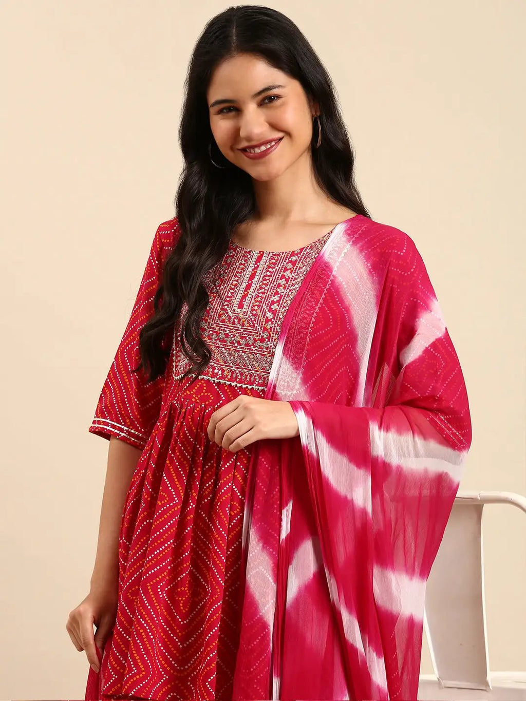 Women's Bandhani Red Anarkali Kurta Sets with Dupatta
