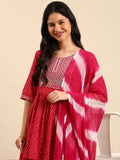 Women's Bandhani Red Anarkali Kurta Sets with Dupatta