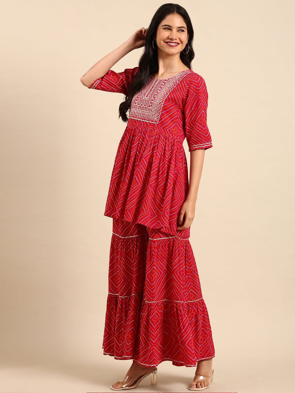 Women's Bandhani Red Anarkali Kurta Sets with Dupatta