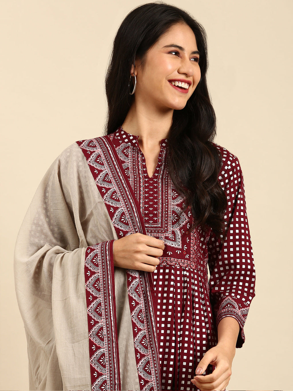 Women's Geometric Maroon Anarkali Kurta Set with Dupatta