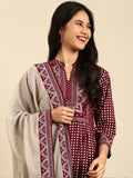 Women's Geometric Maroon Anarkali Kurta Set with Dupatta