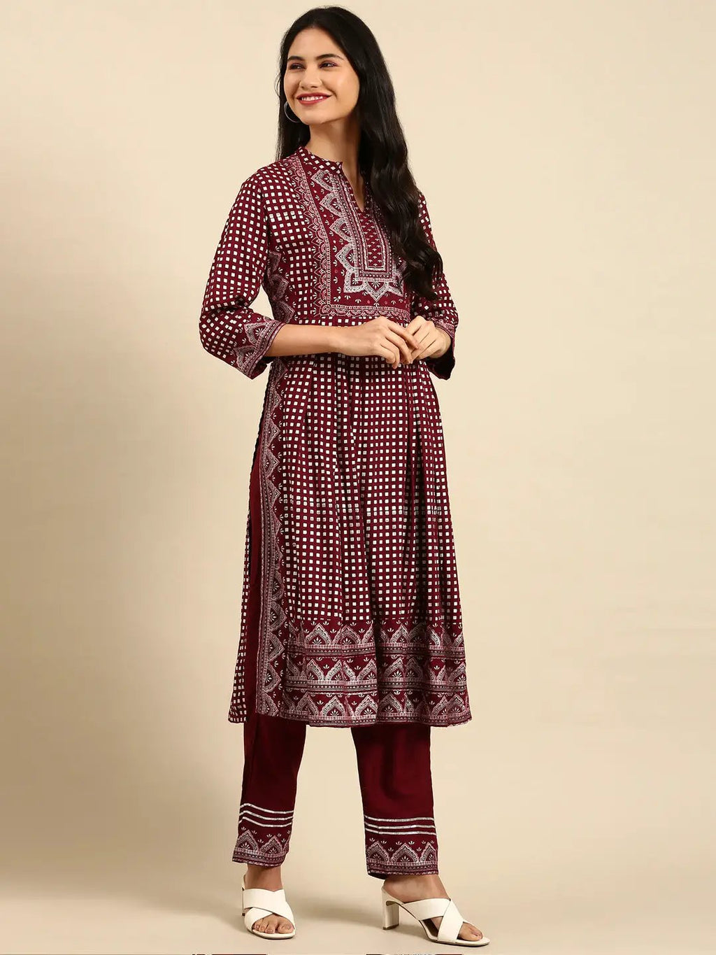 Women's Geometric Maroon Anarkali Kurta Set with Dupatta