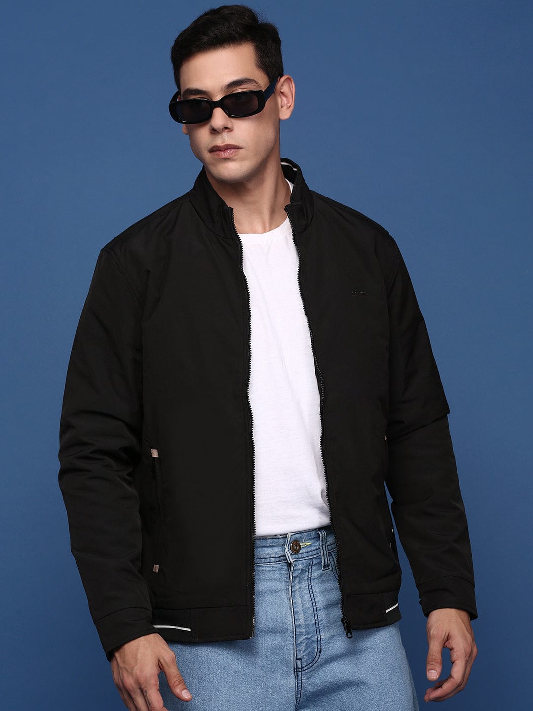 Men's Black Windcheater Longline Bomber with Patchwork Jacket
