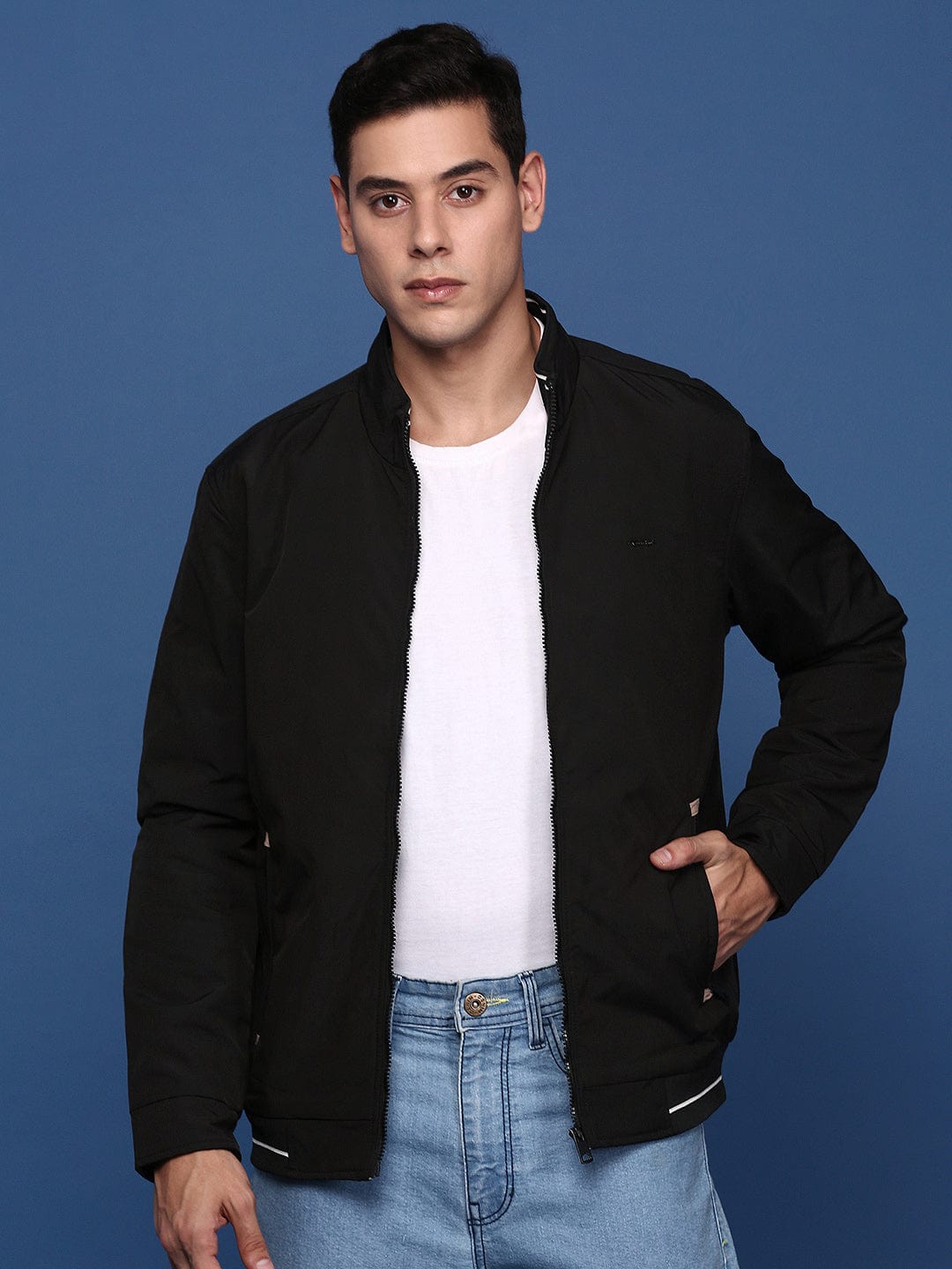 Men's Black Windcheater Longline Bomber with Patchwork Jacket