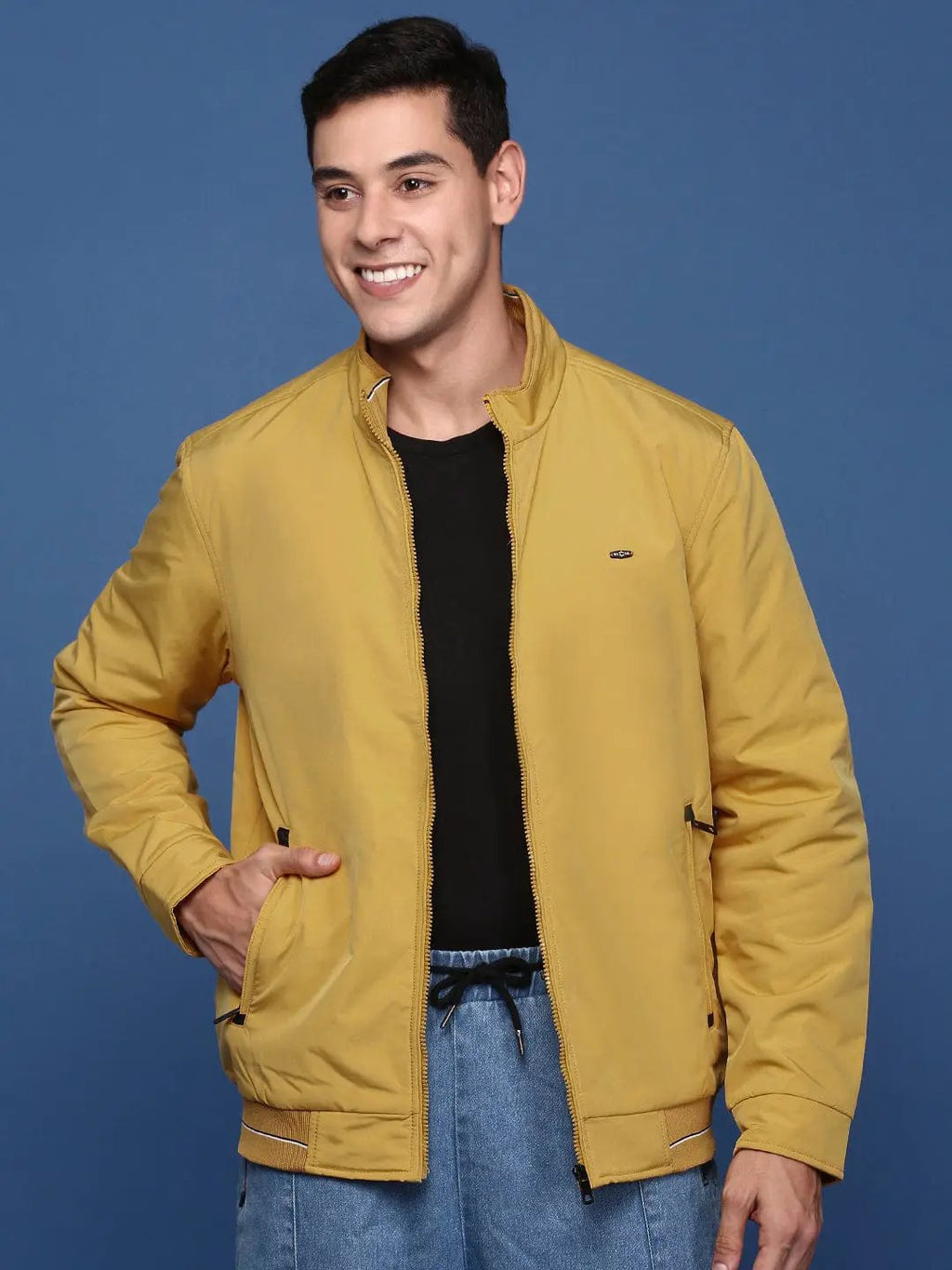 Men's Yellow Windcheater Mock Collar Solid Yellow Bomber Jacket