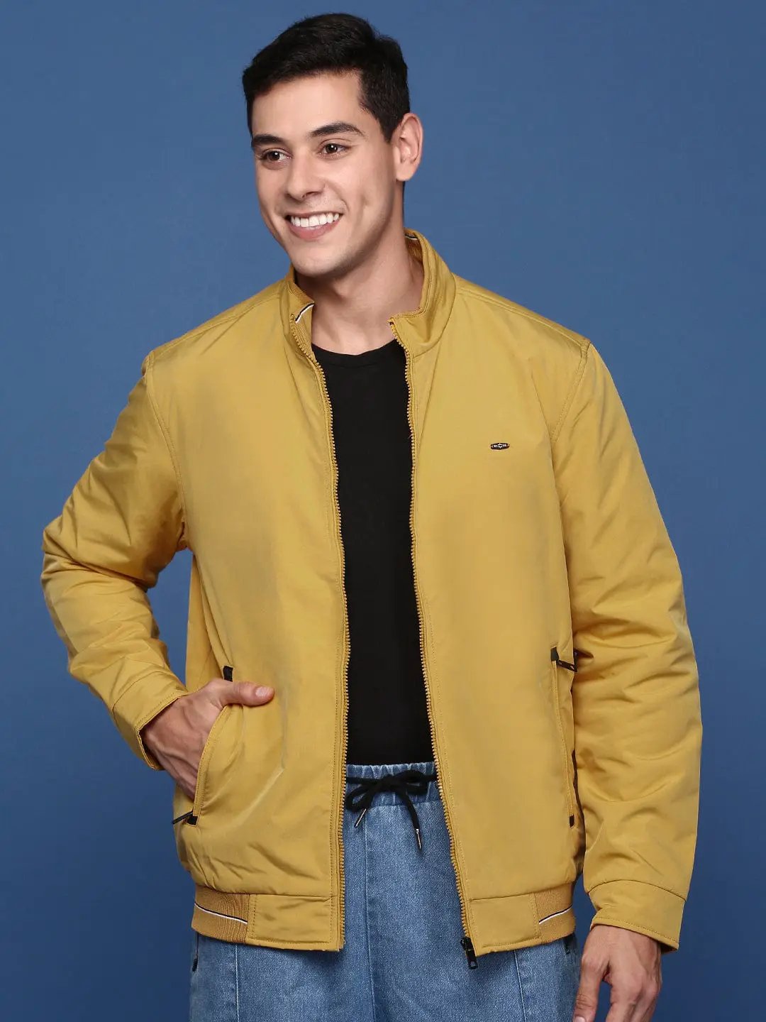 Men's Yellow Windcheater Mock Collar Solid Yellow Bomber Jacket