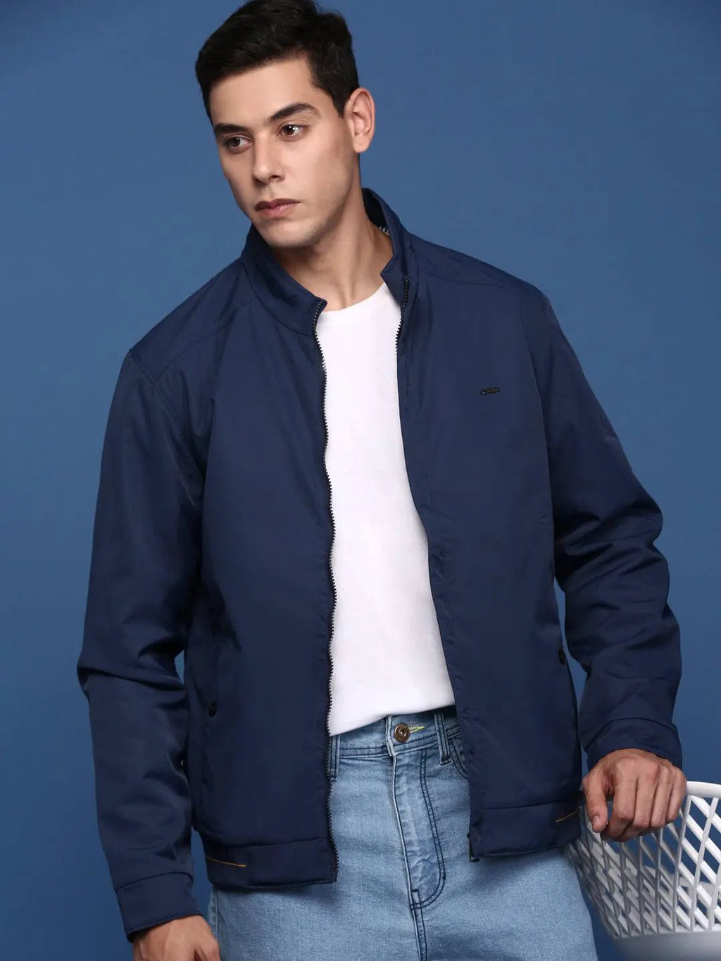 Men's Navy Blue Mock Collar Solid Windcheater Bomber with Embroidered Jacket