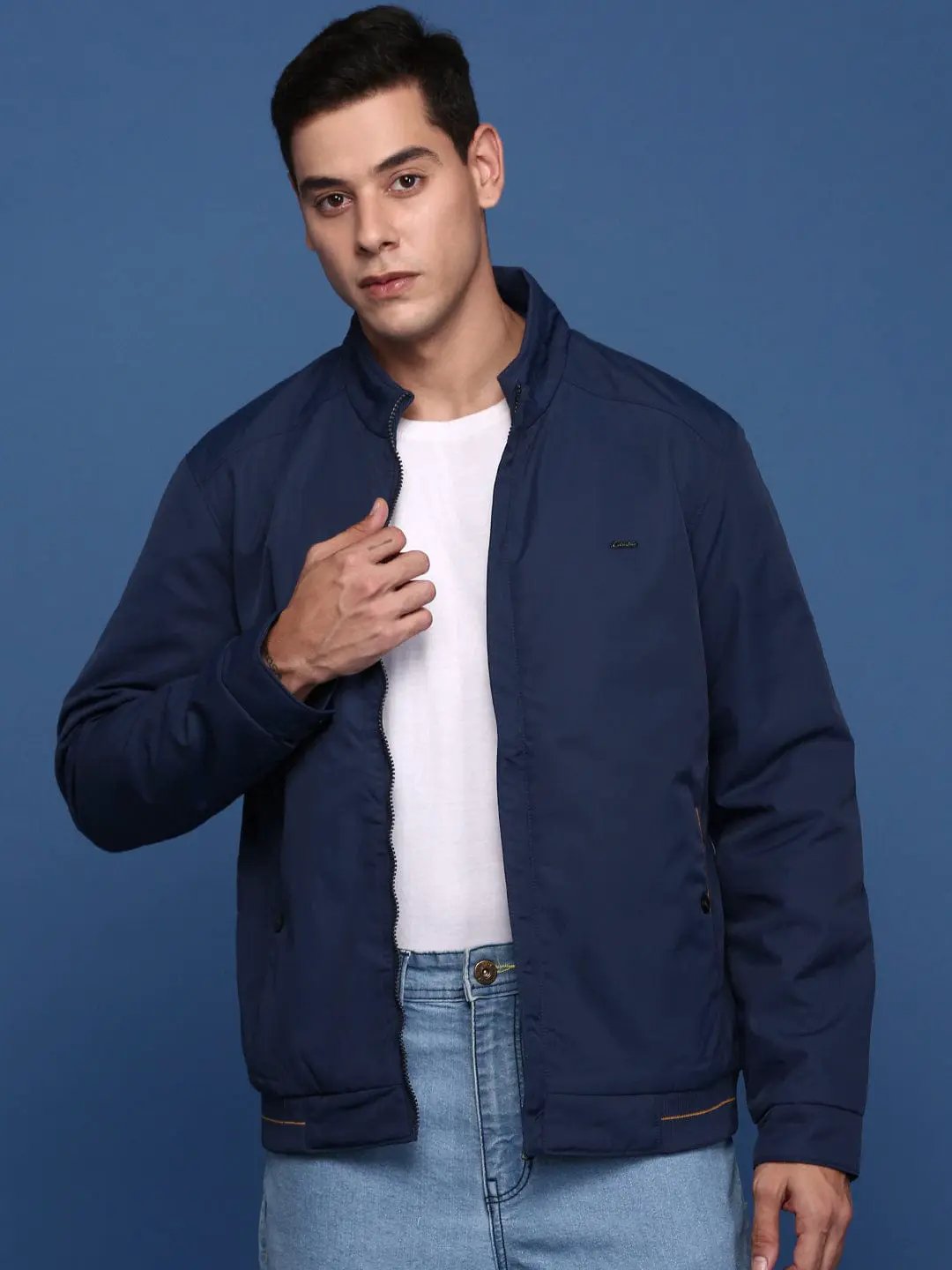 Men's Navy Blue Mock Collar Solid Windcheater Bomber with Embroidered Jacket