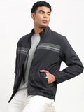 Men's Mock Collar Solid Navy Blue Casual Bomber Jacket