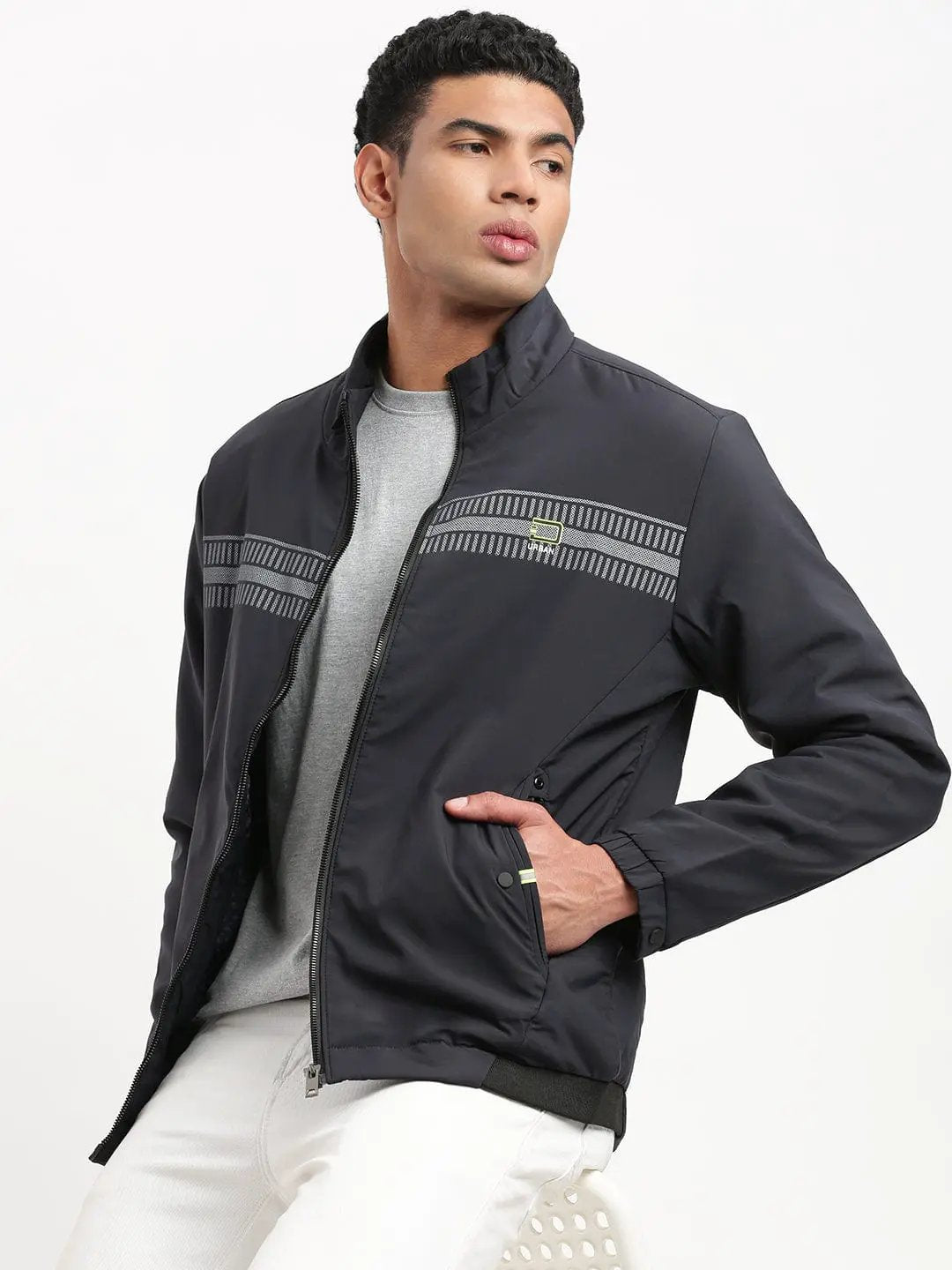 Men's Mock Collar Solid Navy Blue Casual Bomber Jacket
