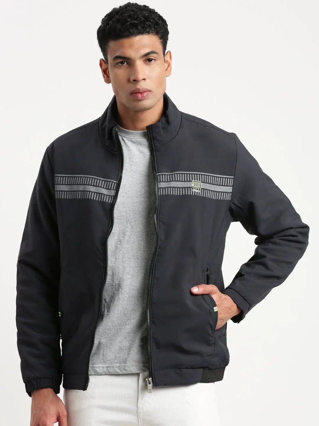 Men's Mock Collar Solid Navy Blue Casual Bomber Jacket