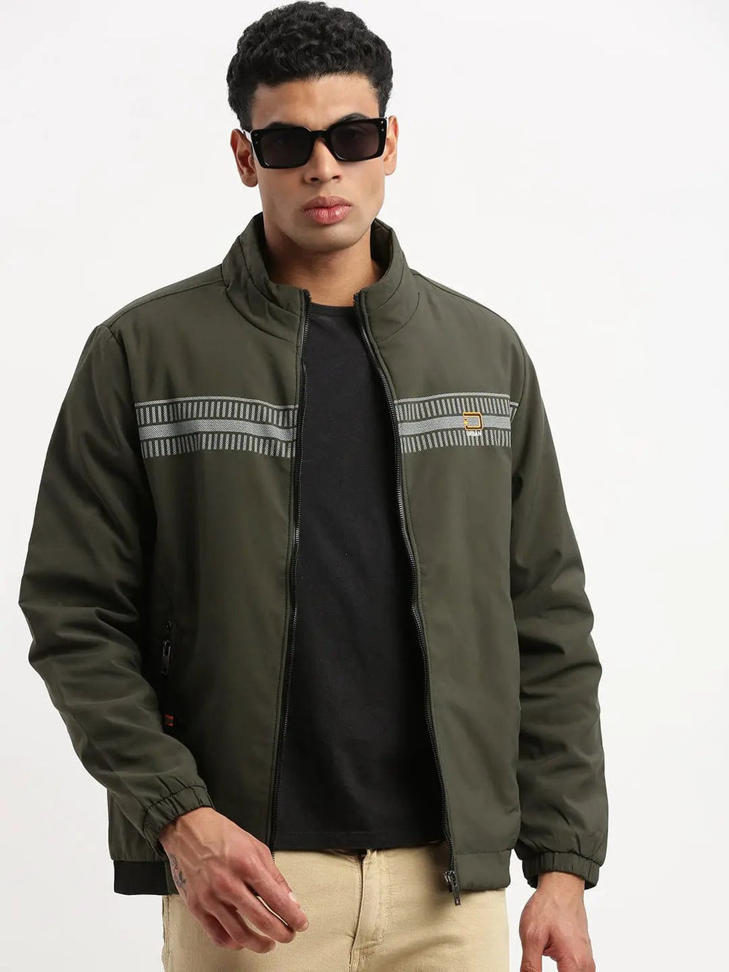 Men's Mock Collar Olive Solid Casual Bomber Jacket
