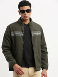 Men's Mock Collar Olive Solid Casual Bomber Jacket