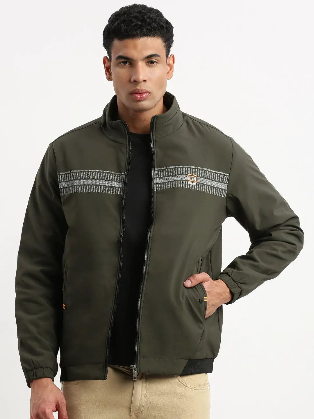 Men's Mock Collar Olive Solid Casual Bomber Jacket