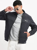 Men's Solid Mock Collar Navy Blue Casual Bomber Jacket