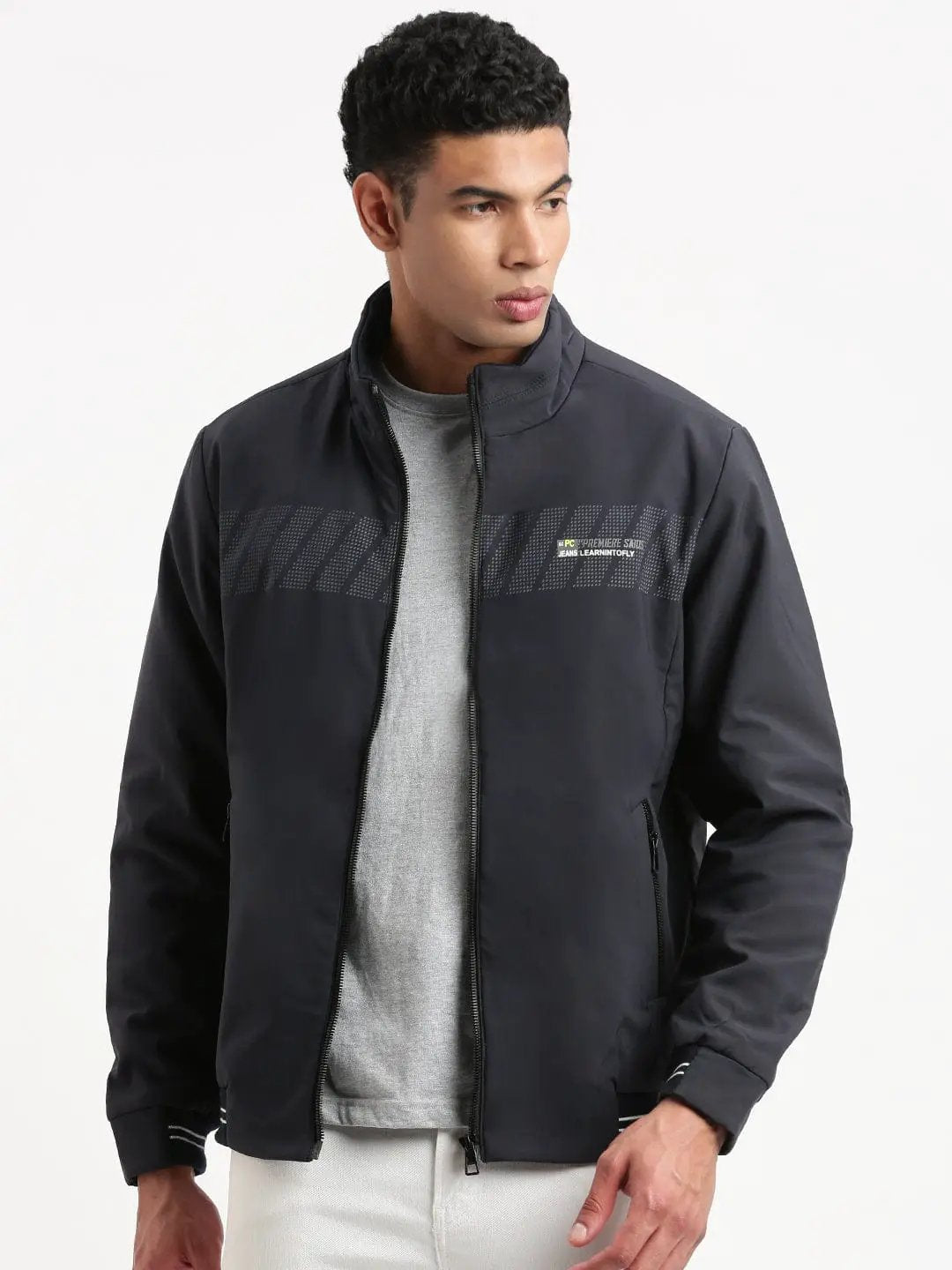 Men's Solid Mock Collar Navy Blue Casual Bomber Jacket
