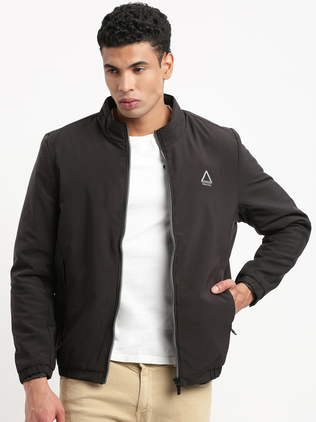 Men's Mock Collar Black Solid Casual Bomber Jacket