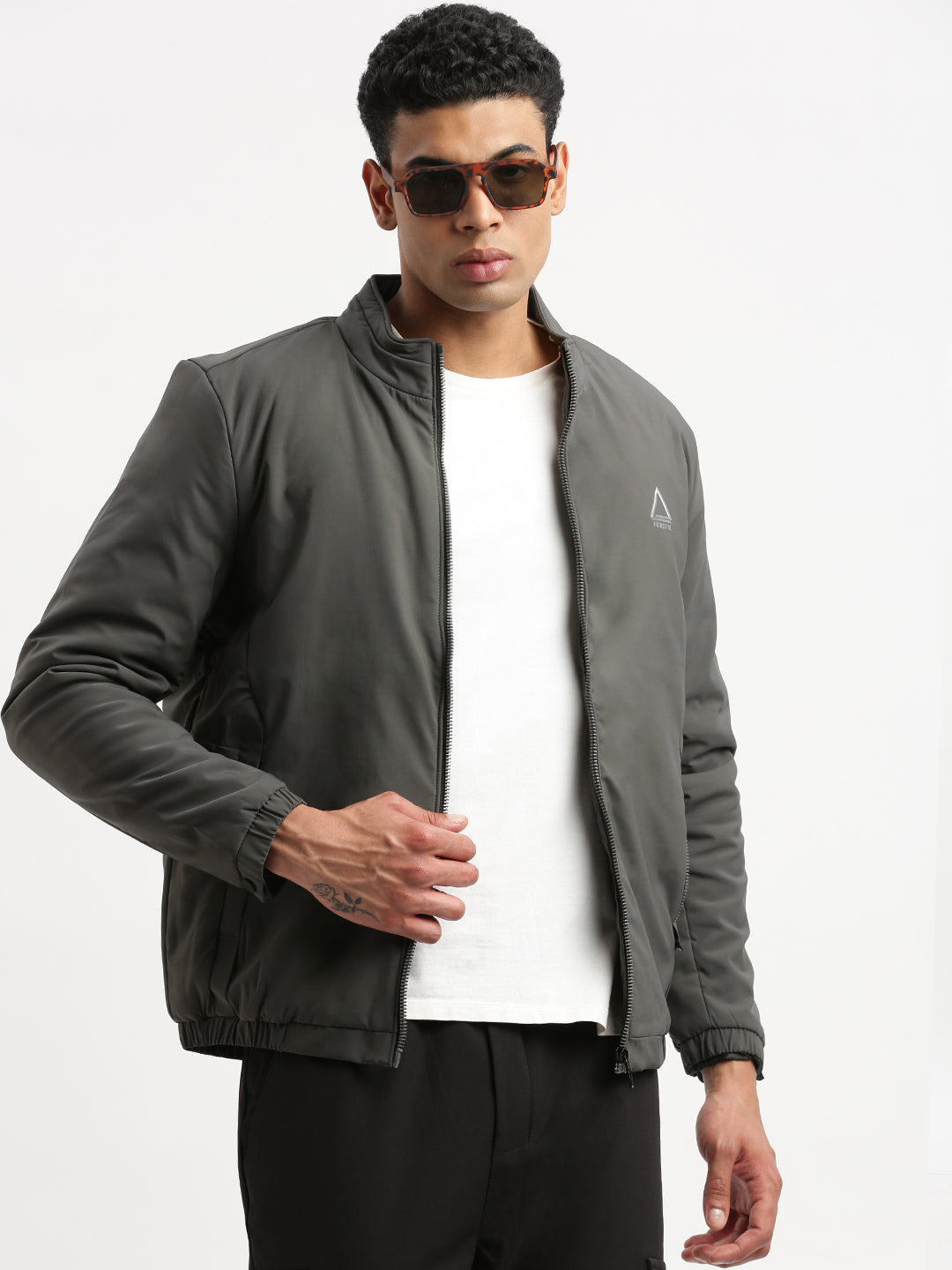 Men's Mock Collar Grey Bomber Jacket