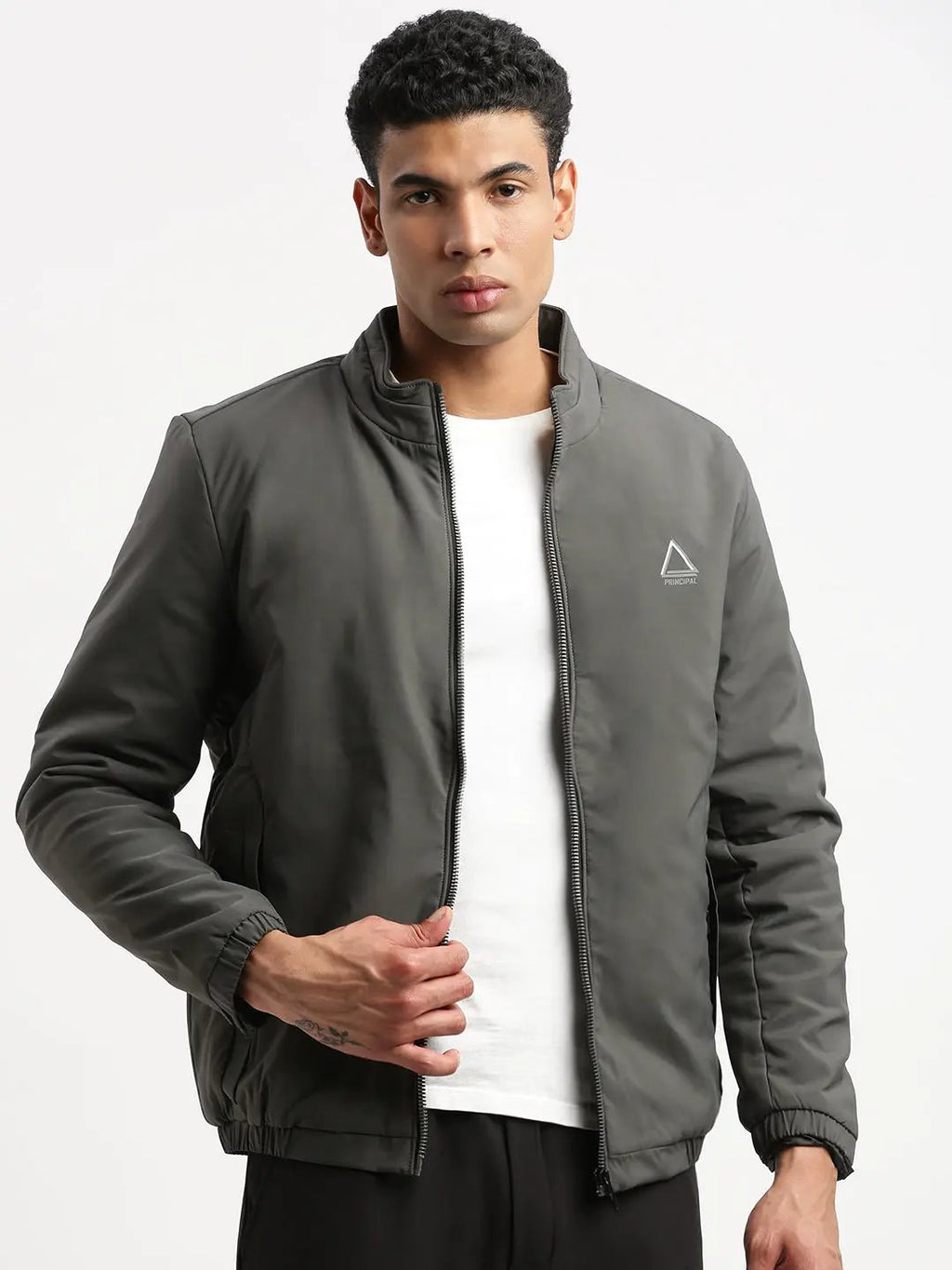 Men's Mock Collar Grey Bomber Jacket