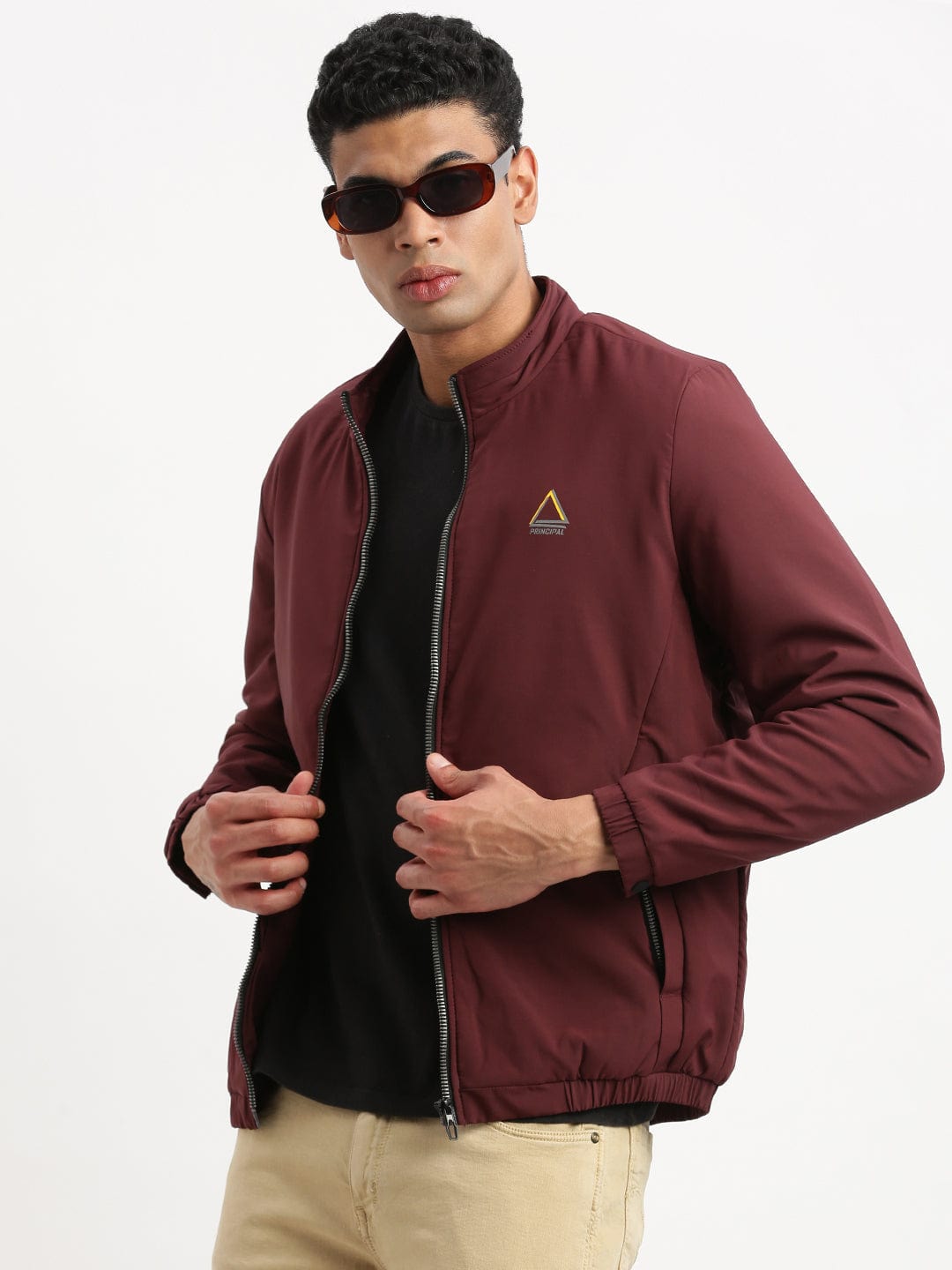 Men's Mock Collar Maroon Solid Casual Bomber Jacket