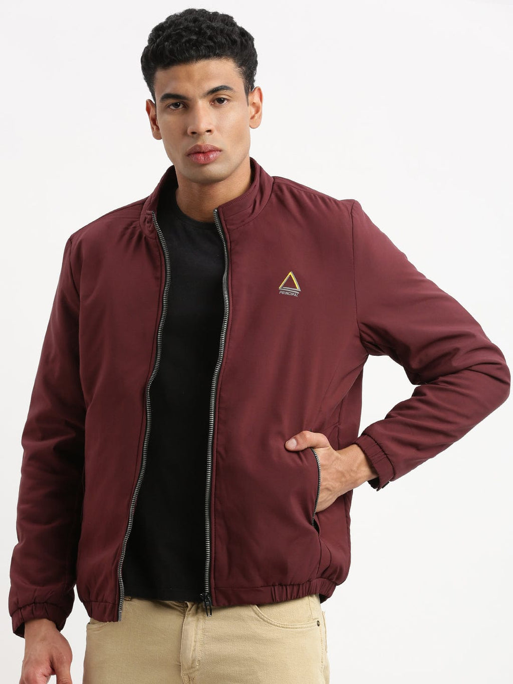 Men's Mock Collar Maroon Solid Casual Bomber Jacket