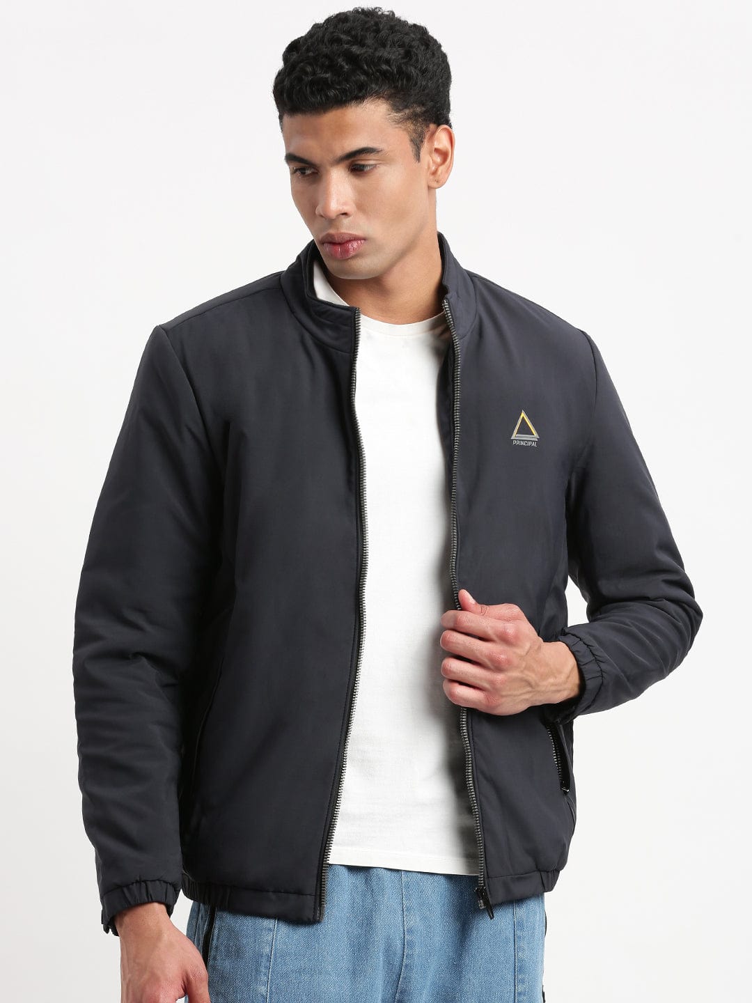 Men's Mock Collar Navy Blue Solid Casual Bomber Jacket