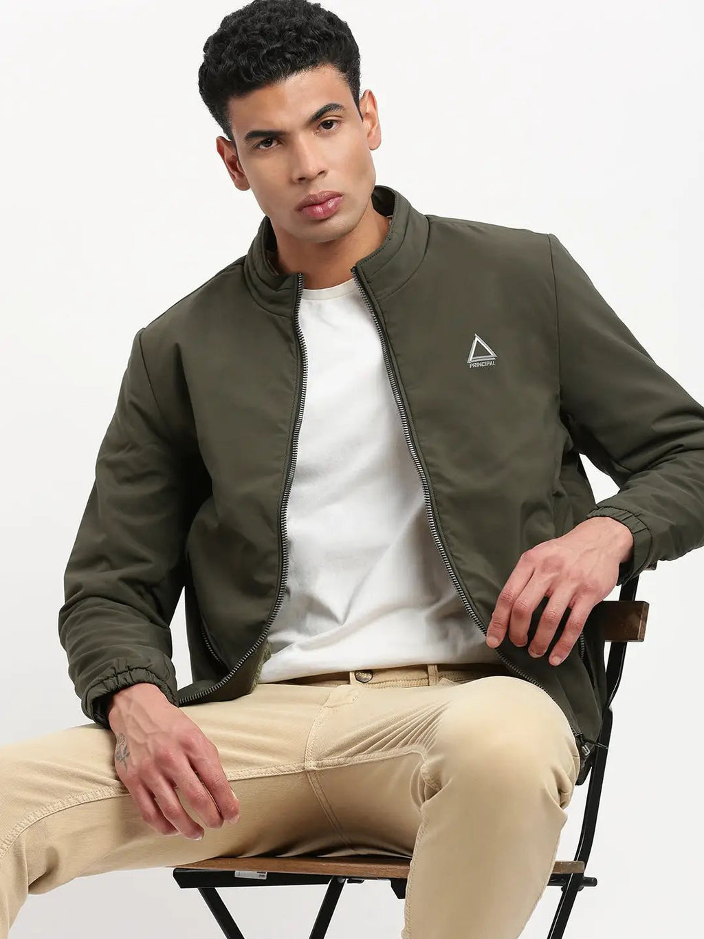 Men's Mock Collar Solid Olive Casual Bomber Jacket