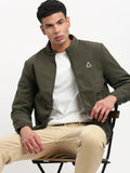 Men's Mock Collar Solid Olive Casual Bomber Jacket