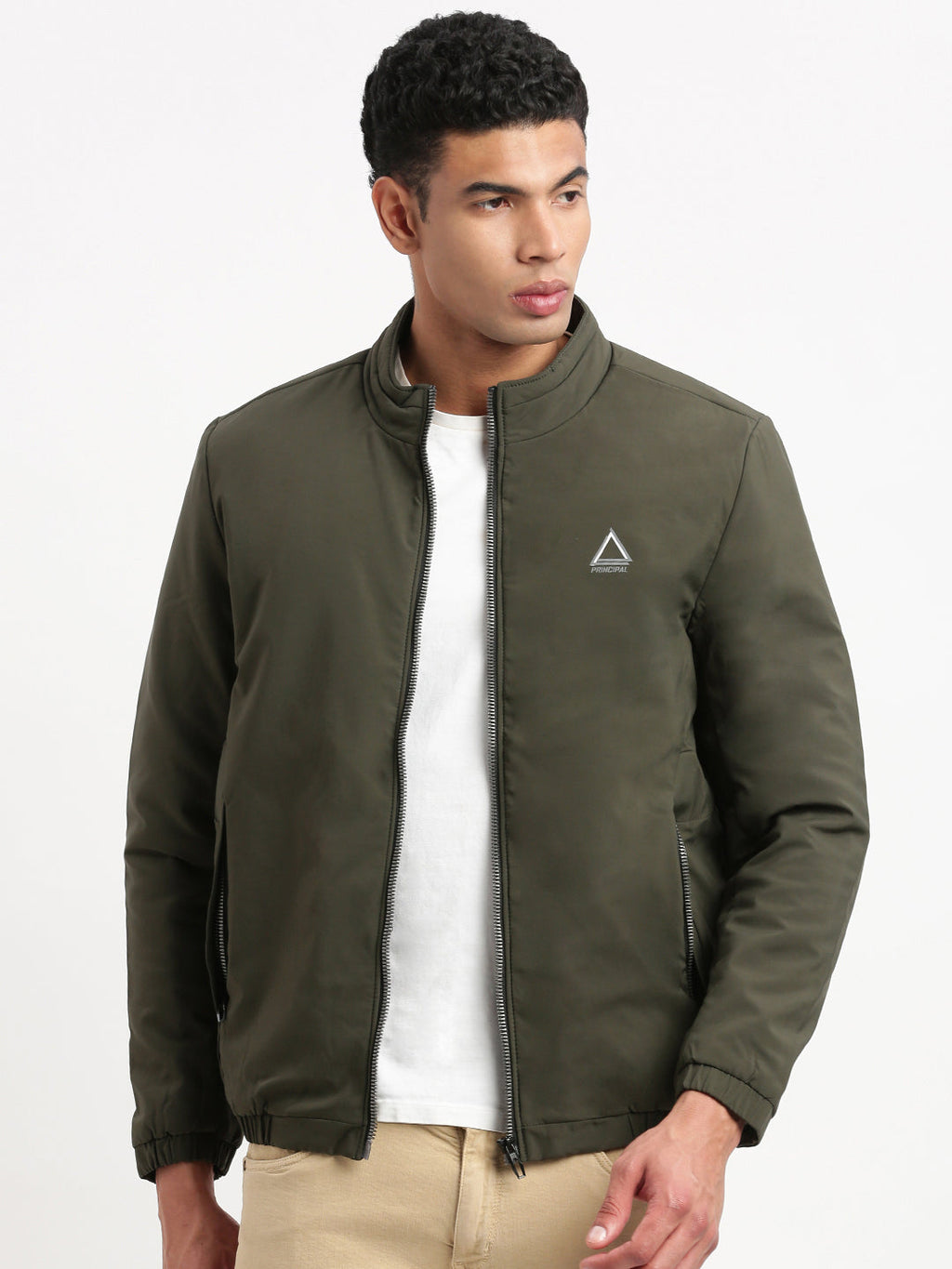 Men's Mock Collar Solid Olive Casual Bomber Jacket